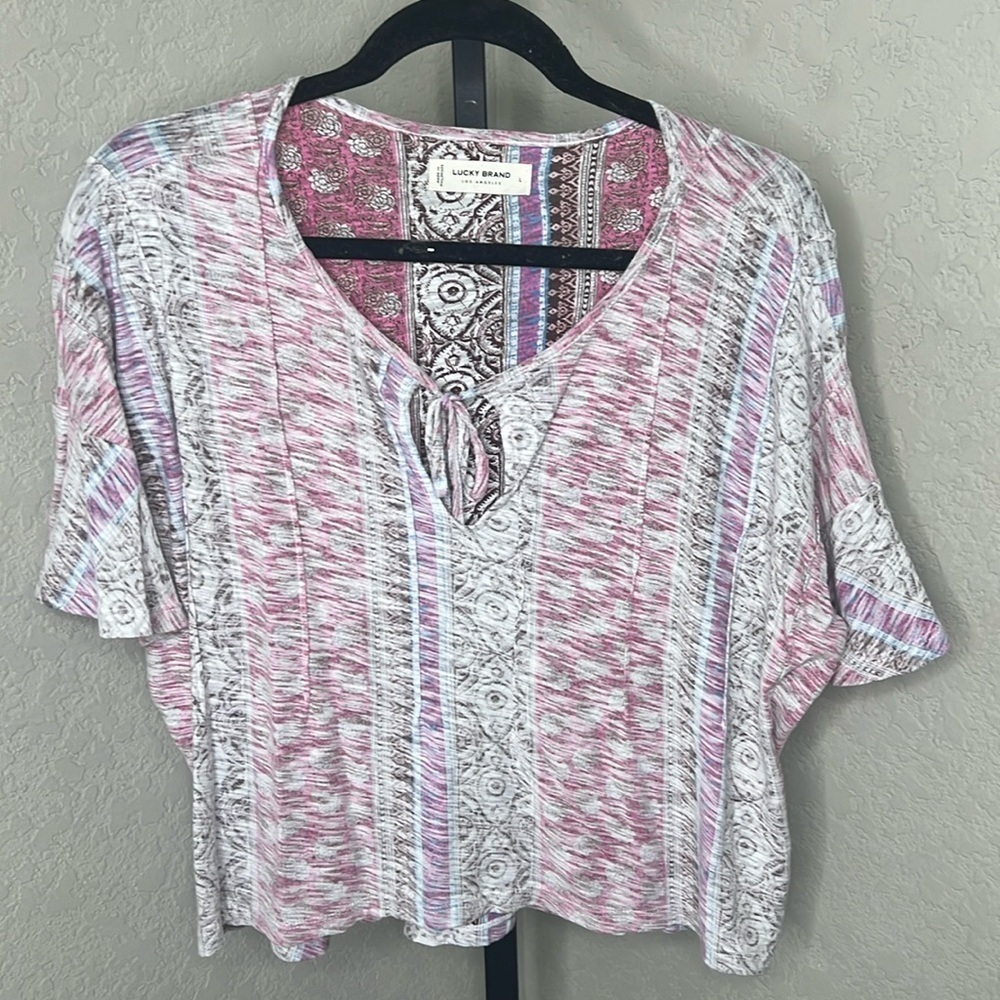 713 - Lucky Brand NWOT Pale Pink/Purple Inside Out Short Sleeve Top Size Large